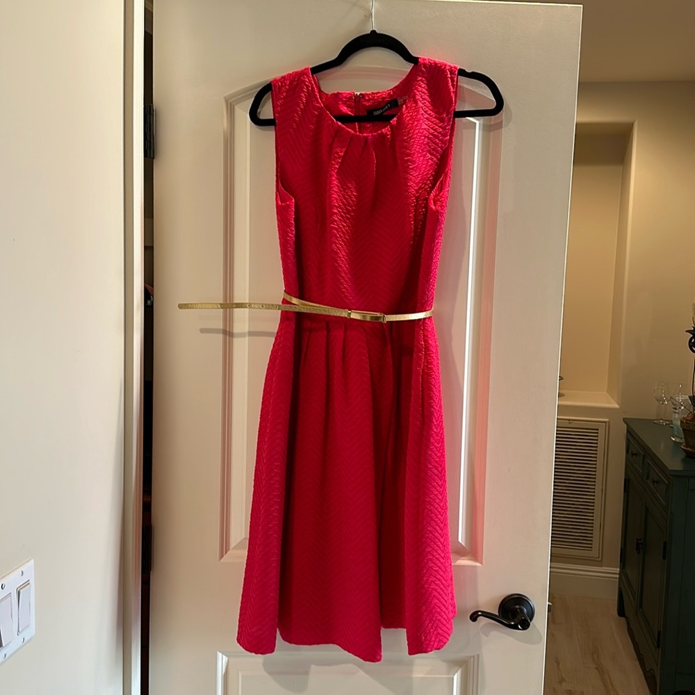 Hot pink, Ellen Tracy sleeveless dress, size 14, with gold thin belt. Pockets
